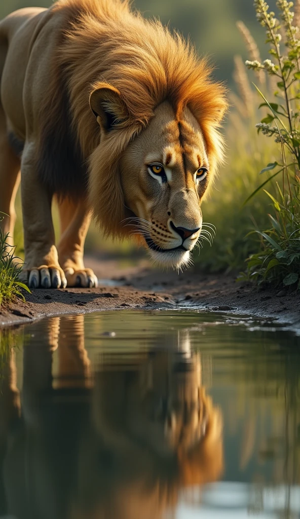 "A lion looking at its reflection in a waterhole, seeing the sadness in its own eyes."