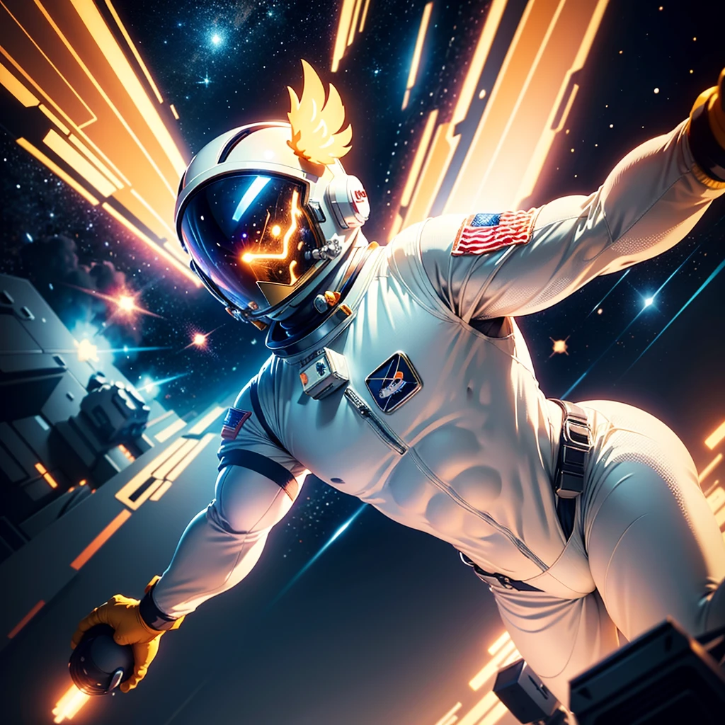 a buff chicken in an astronaut outfit, helmet off, no helmet on head, helmet being held under further away arm, mid to low angle 3 point vanishing perspective, background similar to the starfield poster art, stylized chicken head, stylized, 8k, cinematic lighting, dramatic shadows, vibrant colors, pv_hristov art style