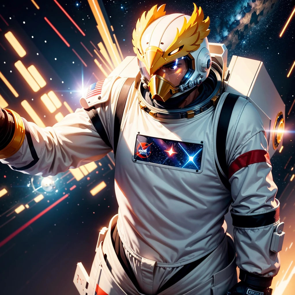 a buff chicken in an astronaut outfit, helmet off, no helmet on head, helmet being held under further away arm, mid to low angle 3 point vanishing perspective, background similar to the starfield poster art, stylized chicken head, stylized, 8k, cinematic lighting, dramatic shadows, vibrant colors, pv_hristov art style