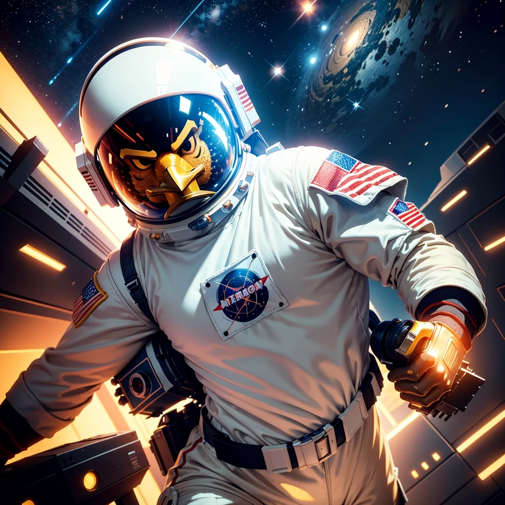 a buff chicken in an astronaut outfit, helmet off, no helmet on head, helmet being held under further away arm, mid to low angle 3 point vanishing perspective, background similar to the starfield poster art, stylized chicken head, stylized, 8k, cinematic lighting, dramatic shadows, vibrant colors, pv_hristov art style