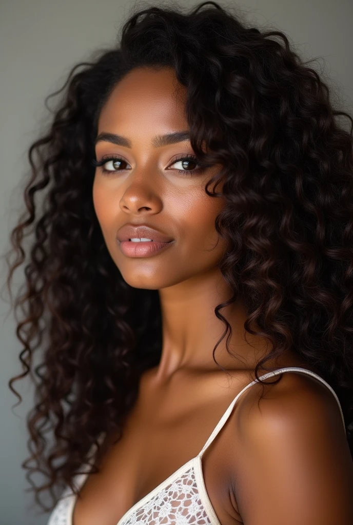 americaine de 36ans , teint noir brune avec de longs cheveux curly avec baby hair qui tombent élégamment sur ses épaules. Son visage est d'une grande beauté, avec des traits délicats et harmonieux.