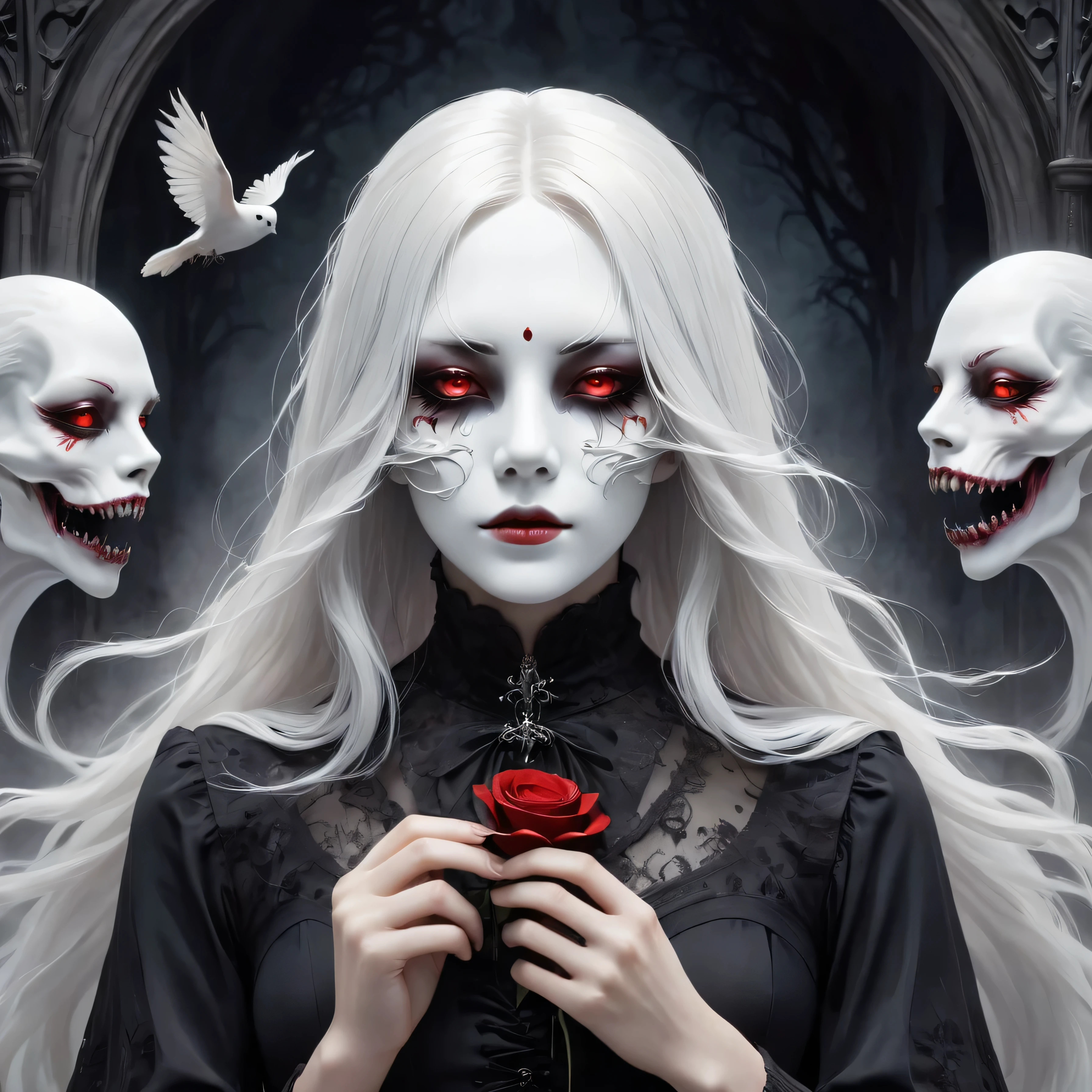 (Hand holding mask:1.5),(White-haired ghost,straight hair,Red eyes),(gothic art),(Fear:1.5),(correct human anatomy:1.37)