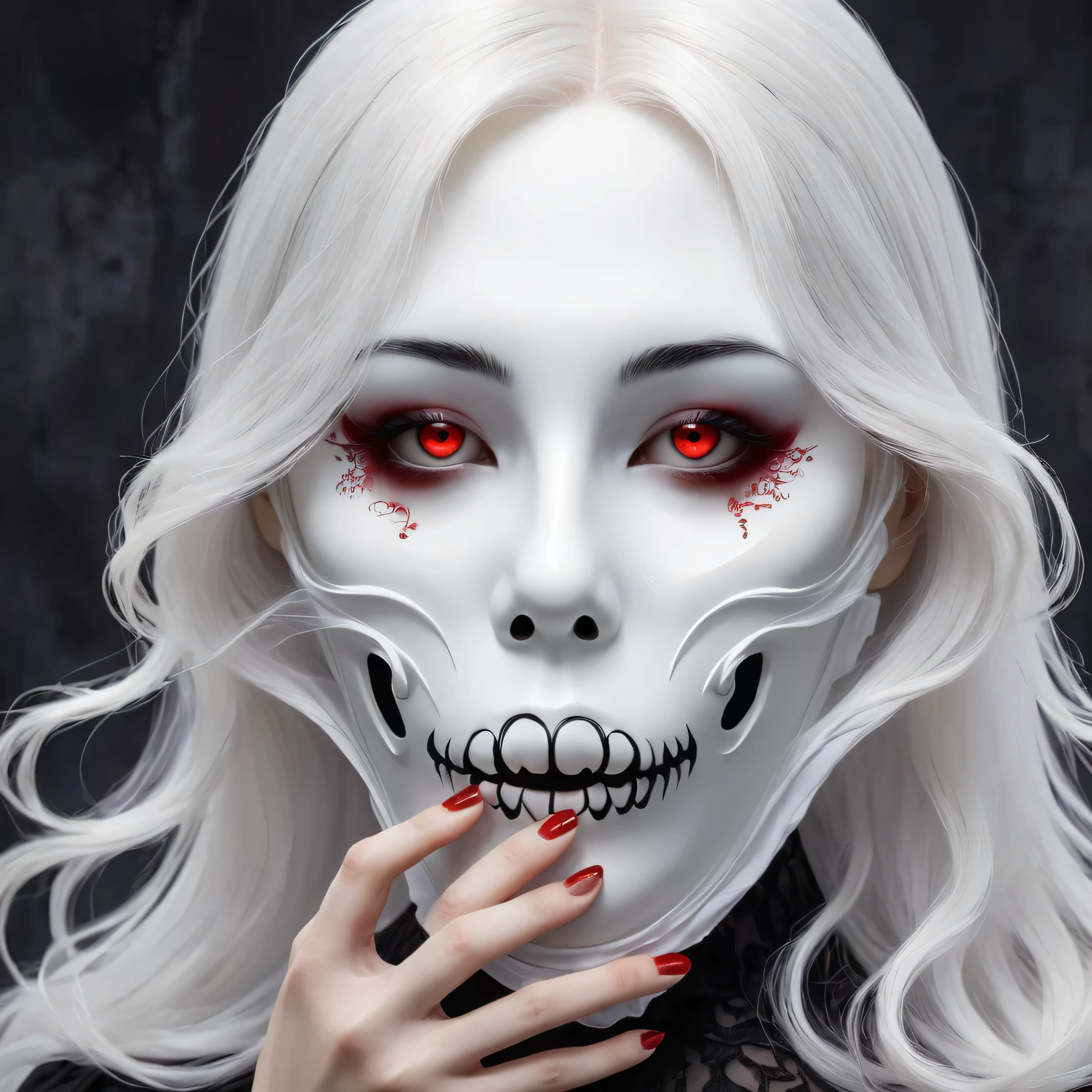 (Hand holding mask:1.5),(White-haired ghost,straight hair,Red eyes),(gothic art),(Fear:1.5),(correct human anatomy:1.37)