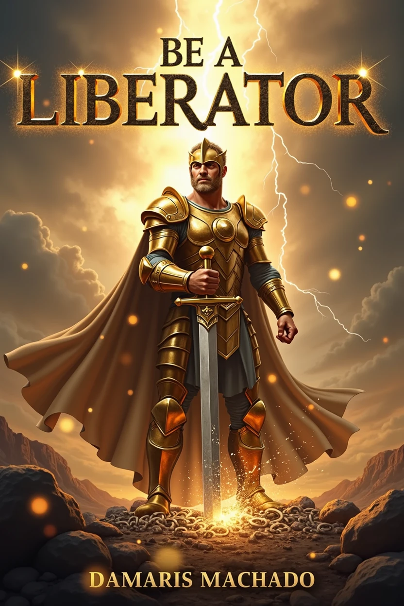 Description of the cover:

fund: The cover background should be a landscape with sky light, maybe a sky and lightning shining in the distance. This setting creates an epic, intense and brilliant tone.. some points of lights floating around Soldier: In the center of the cover, there is an imposing soldier, dressed in a shiny golden armor based on Ephesians 6 from the Bible with helmet and detailed,  and in the background a large transparent bible Action: The soldier is in a dynamic pose, holding a large and powerful sword that is cutting heavy chains.  chains being destroyed The chains break in several directions, with fragments flying around, many broken chains symbolizing liberation and the breaking of bonds.

expression: your posture conveys strength and confidence.

Additional Detail: Add subtle elements of sparkle, lots of light around his head and light around the broken chains and sword to highlight the action and the sense of power. Small touches of light can also be added to the armor to give it a more heroic effect..

Title and author: The title "BE A LIBERATOR" must be in a grand and imposing font, possibly gold or silver, to contrast with . The name of the author Damaris Machado can be at the bottom of the cover, in a smaller but still readable font, perhaps in white or a color that complements the title.