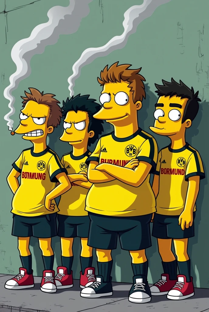 Nelson and his gang from the Simpsons wearing a Borussia Dortmund shirt smoking electronic cigarettes leaning against the wall and looking like thugs 