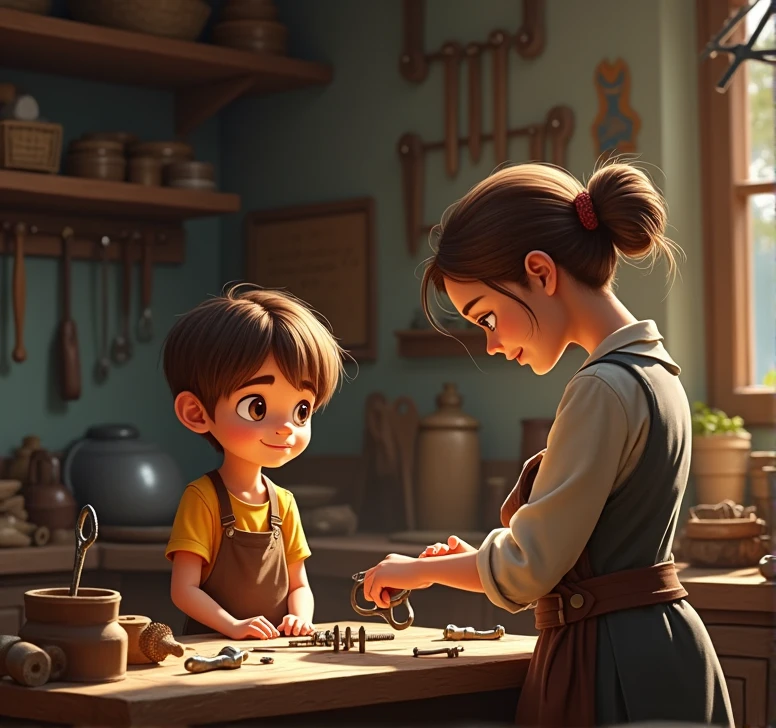 scene: A young Nikola watches his mother create tools in her workshop.