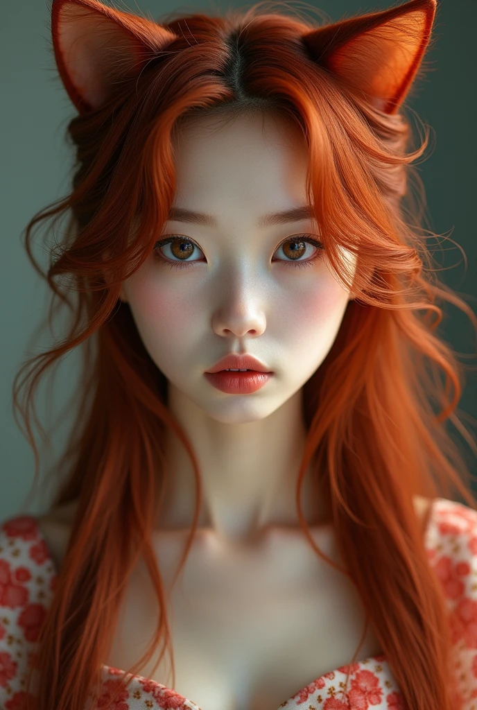 Asian feline eyed girl with dark reddish hair