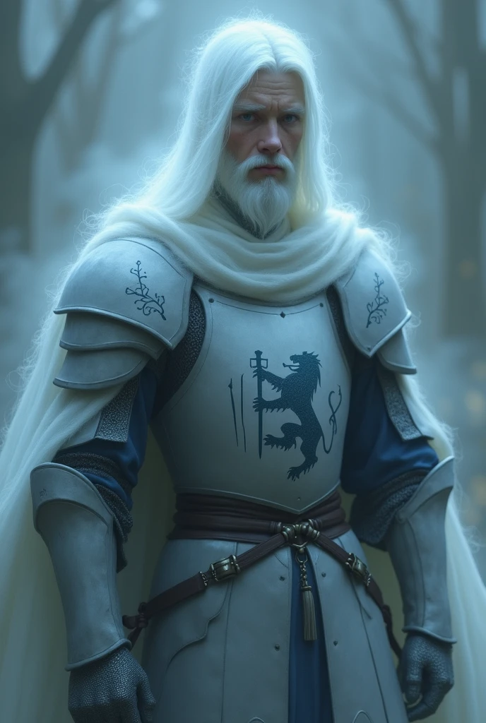 Generate a grayish blue ghost image. The ghost is a young knight with a short beard, light armor and a kind face.. On his shield and breastplate you can see the image of a lion and two magic wands.

