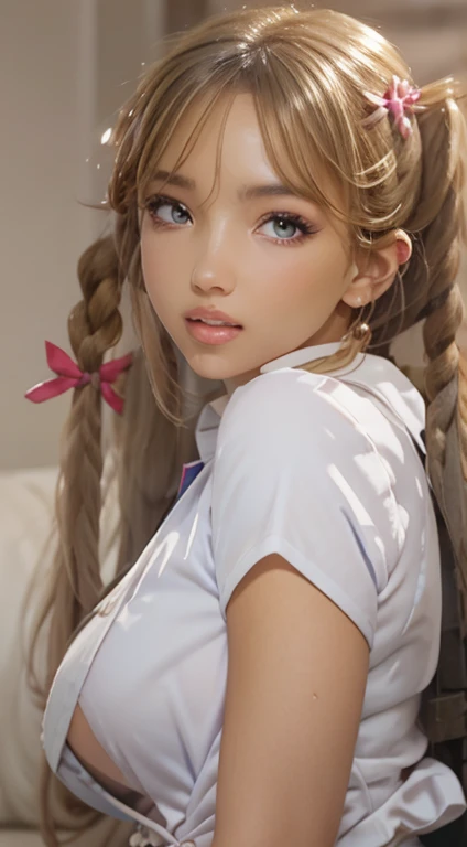 (Photo: 1.2), (realist: 1.3), (of the highest quality: 1.3). 4), ultra high resolution, realistic eyes, (detailed eyes), (detailed facial features), (detailed characteristics of clothing.), 8k resolution, Alone, Beautiful 22 year old woman, thick and fleshy lips, hermosos detailed eyes, beautiful, Brown hair, Braided hair, (Realistic skin), beautiful skin, Enchanting, ultra high resolution, ultra realistic, High Definition, White shirt unbuttoned very open (showing part of the big breasts), big breasts, cinematic lighting, perfect, luz outfit, High resolution skin: 1. 2, Realistic skin texture,  nice bedroom background,great smile showing white teeth,kkw-ph1, bad-picture-nLIGHT,c4r1mj34


