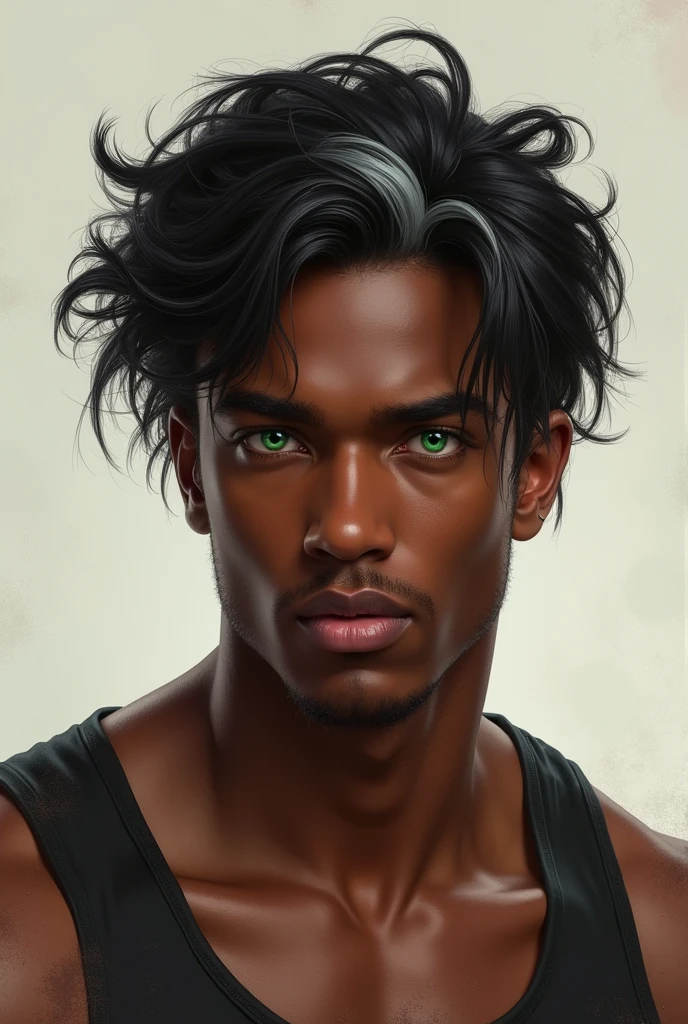 Drawing of a Black man, Wavy and medium hair, his hair color is black and he has a single white strand right at the front, he cannot be painted with any paint. his eyes are a very pronounced shade of green, He has 1,78 inches tall and his body is well-defined