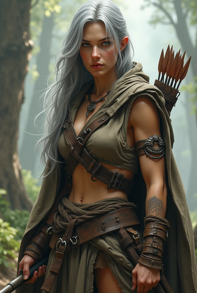 One with gray hair, Light gray eyes , skin fair, that she has a tattoo of roots on her wrist, that she is wearing warrior clothes and holding a bow and arrow