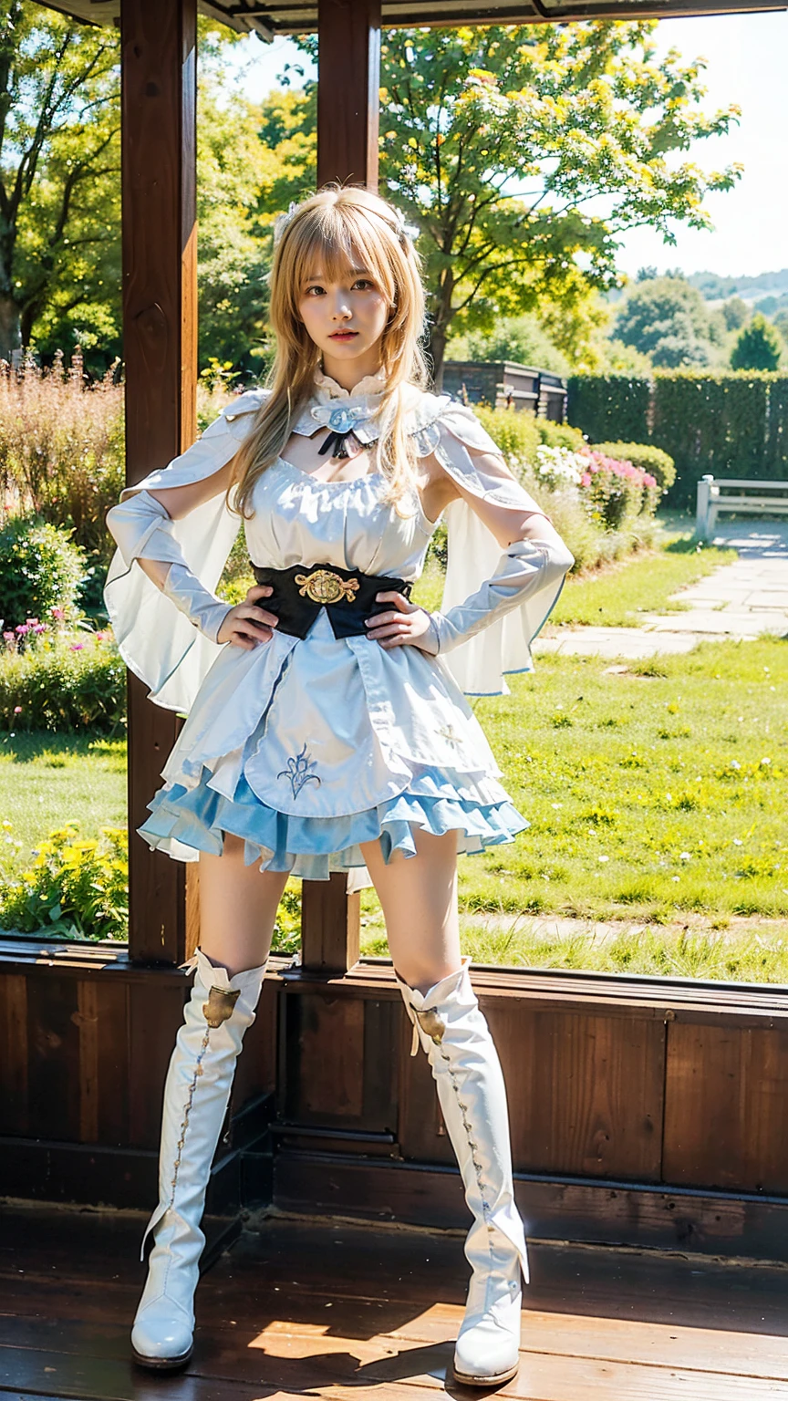 (8k、RAW Photos、Highest quality、masterpiece:1.2)、(Realistic、Realistic)、1 person、((Blonde、White and light blue、garden、Frills、Cape、mini skirt、Thin legs、whole body、boots、View from the front、Looking into the camera、Stand with hands on hips))、cute