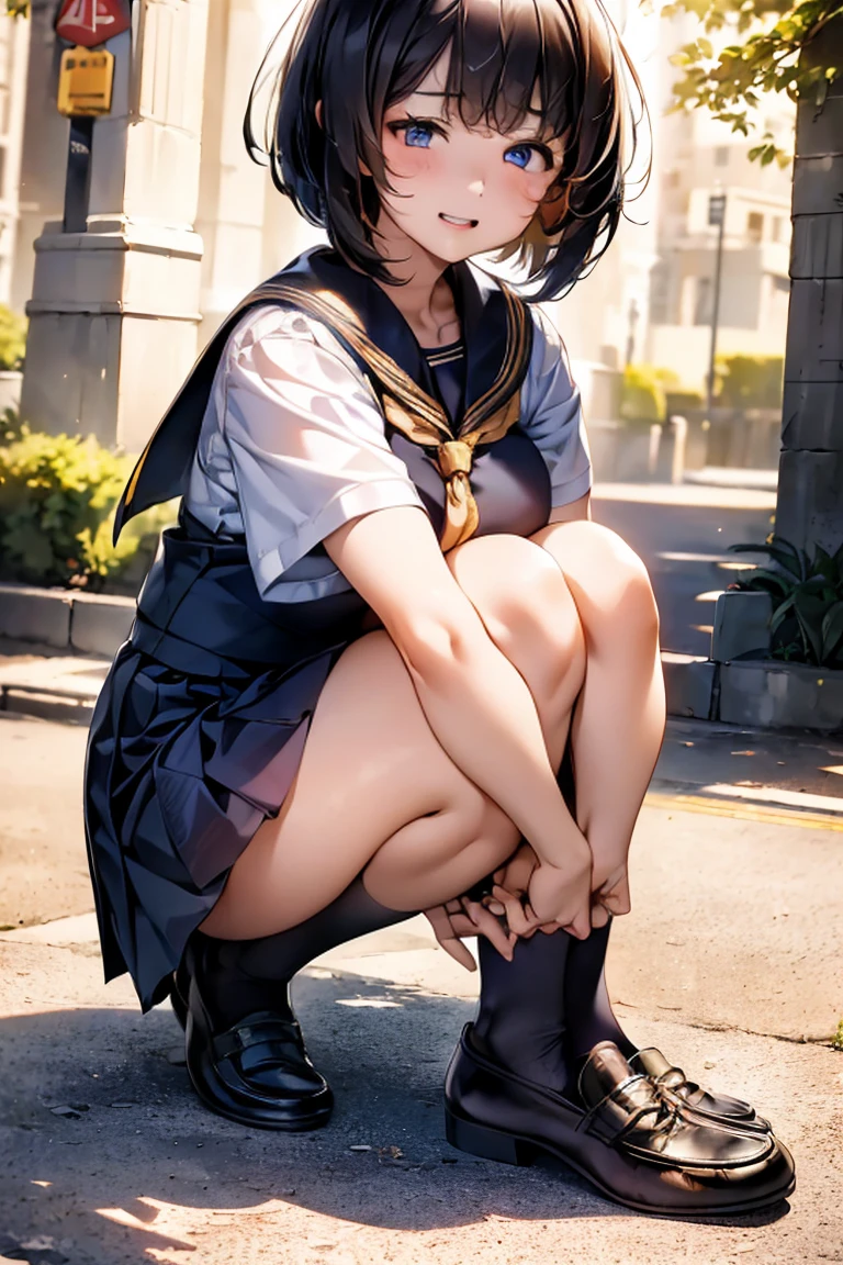 Browsing Caution,​(Highest quality, 8k, masterpiece:1.3,beautiful girl), (Very detailed)Glowing Skin,((Short sleeve, cute navy sailor suit, Navy Pleated Skirt, Navy sailor collar, Blue Sailor Scarf, socks, Brown Loafers)), ,(Perfect Anatomy, Anatomically correct, Very detailed肌),((Golden Eyes)),((Perfect Fingers,Five Fingers)),((Black Hair,Bobcut,)),Natural Makeup,Smile in full bloom、School、school gate、Rear View、cheeks turn a little red,Please put your shoes back on,Her breasts are visible through her loose clothing,Place one knee on the ground