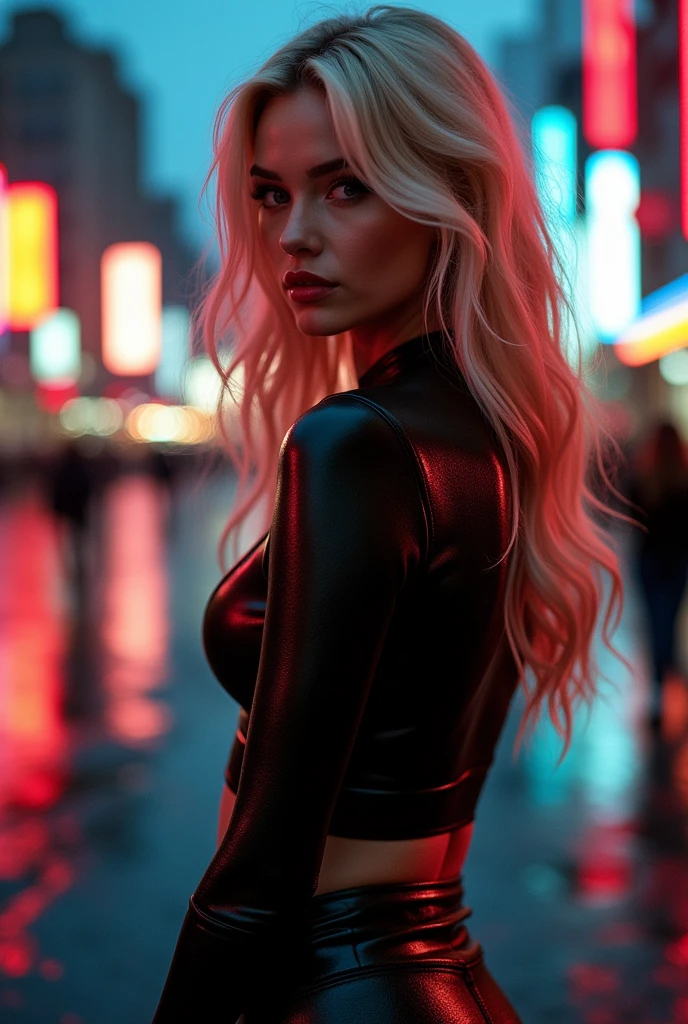 Woman with blonde balayage hair cascading down her back, deep brown eyes, adorable fashionista pose, wearing skin-tight latex leggings, accentuated by bold crimson lips, set against a moody backtrack of city lights at dusk inspired by Ash Thorp's neon-noir aesthetic, reminiscent of Syd Mead's industrial futurism and drenched in Camilla d'Errico's pop surrealist glow.