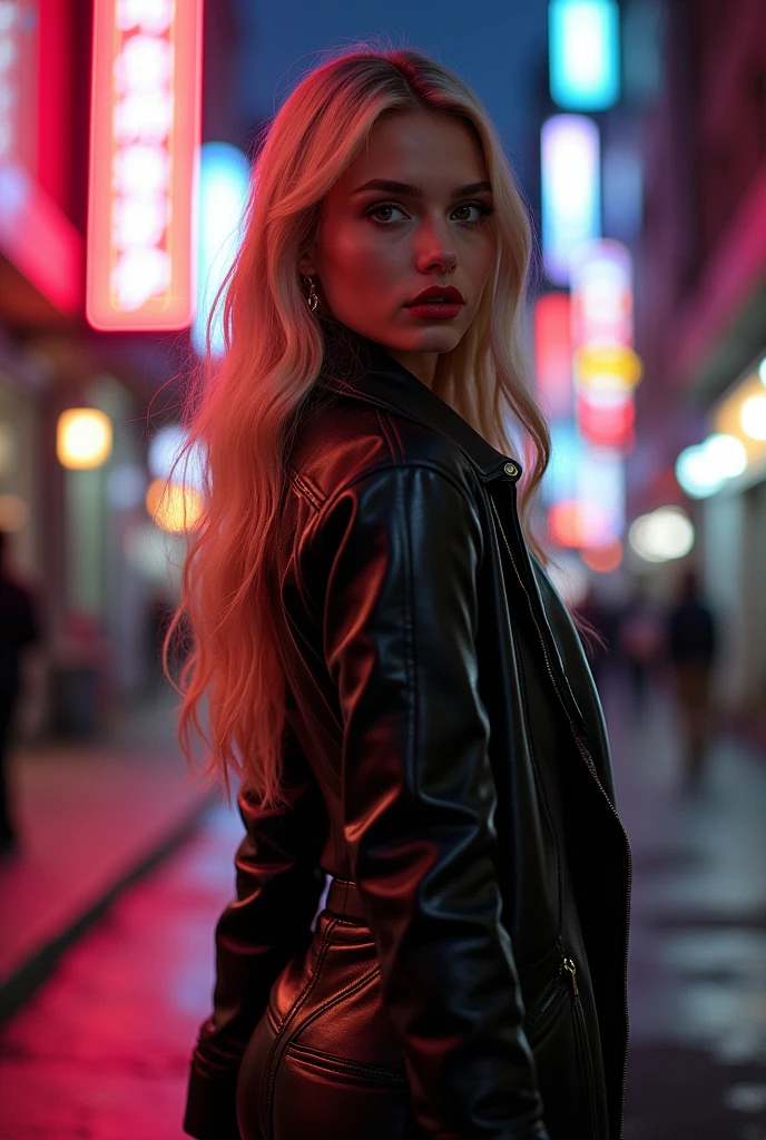 Woman with blonde balayage hair cascading down her back, deep brown eyes, adorable fashionista pose, wearing skin-tight latex leggings, accentuated by bold crimson lips, set against a moody backtrack of city lights at dusk inspired by Ash Thorp's neon-noir aesthetic, reminiscent of Syd Mead's industrial futurism and drenched in Camilla d'Errico's pop surrealist glow.