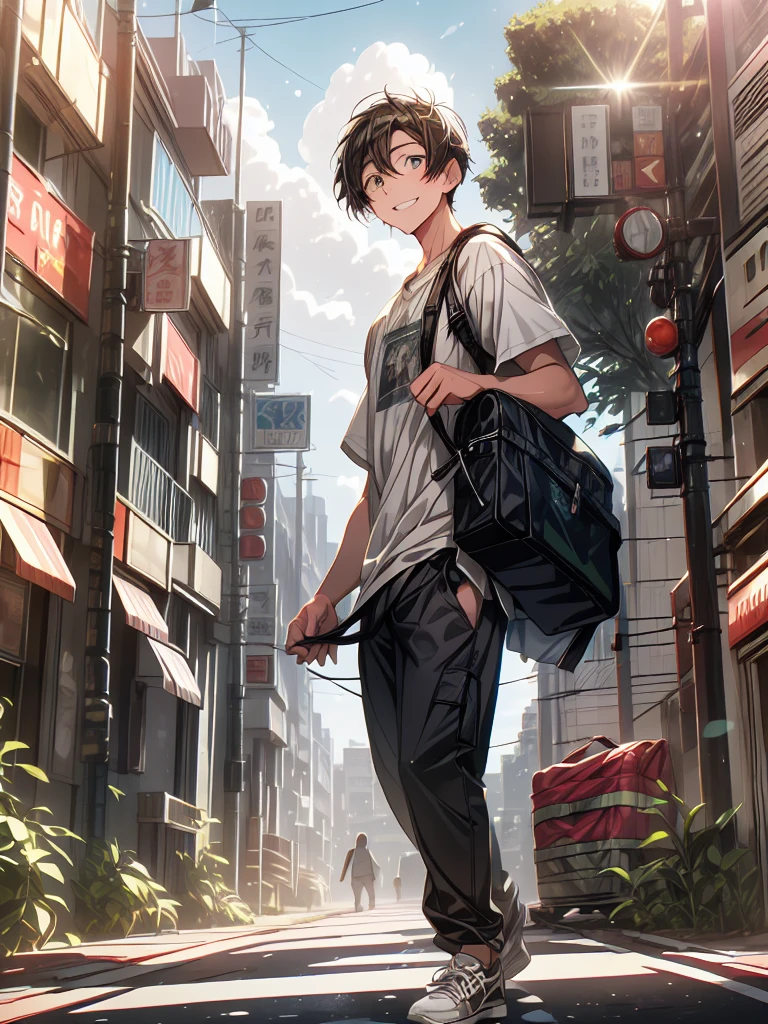 Vibrant, animated street scene in a bustling urban area. The layout features a central character, a young man with tousled dark hair, light skin, and a cheerful expression, walking confidently down a crosswalk. He is dressed casually in a beige t-shirt, green cargo pants, and white sneakers, carrying a book in his left hand and a black backpack on his shoulders. Surrounding him are various pedestrians, some in casual attire, walking in different directions. The background is filled with tall buildings adorned with colorful vertical signs in various languages, primarily Japanese, indicating shops and businesses. The sky is clear and blue, and the scene is bathed in bright daylight, with shadows cast by the buildings and a tree with green leaves providing some shade. (( Camera view : Long angel shot, long shot))