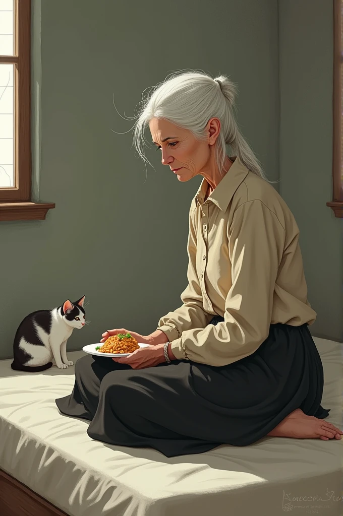 A thin lady, white  hair, beige cold weather blouse, black wool skirt, sitting cross-legged on a mattress on the floor, with a plate of food in hand, with a cat by your side