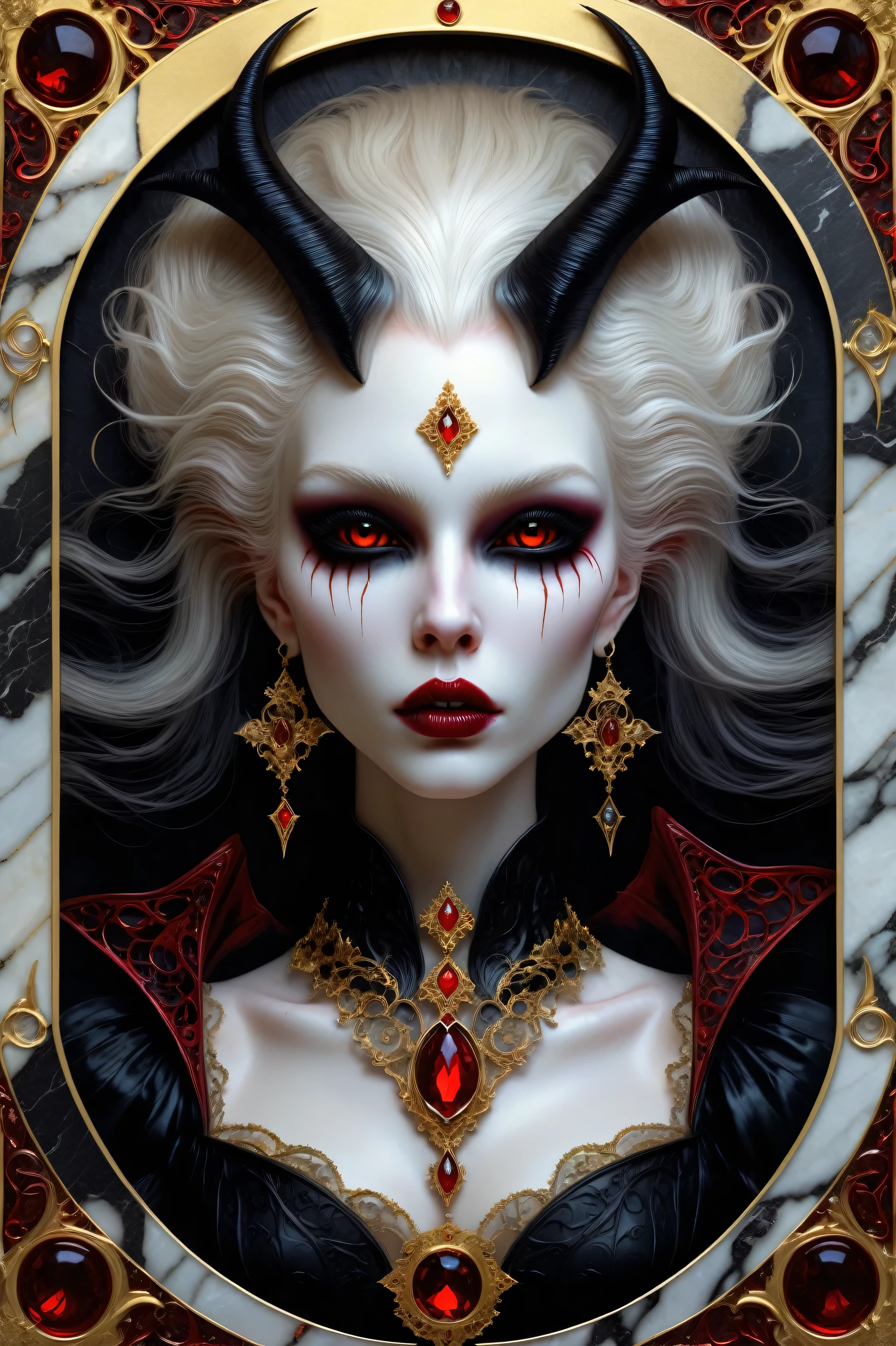 a beautiful illustration of a vampire woman with glowing eyes in an abstract marble texture with a tarot style frame, with colors of obsidian black, shiny gold, and ruby red, highly detailed, intricate design, BY Anne Bachelier,