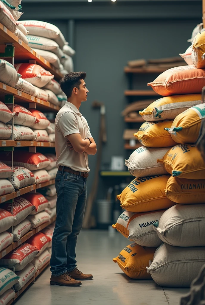 person trying to choose between different bags of cement