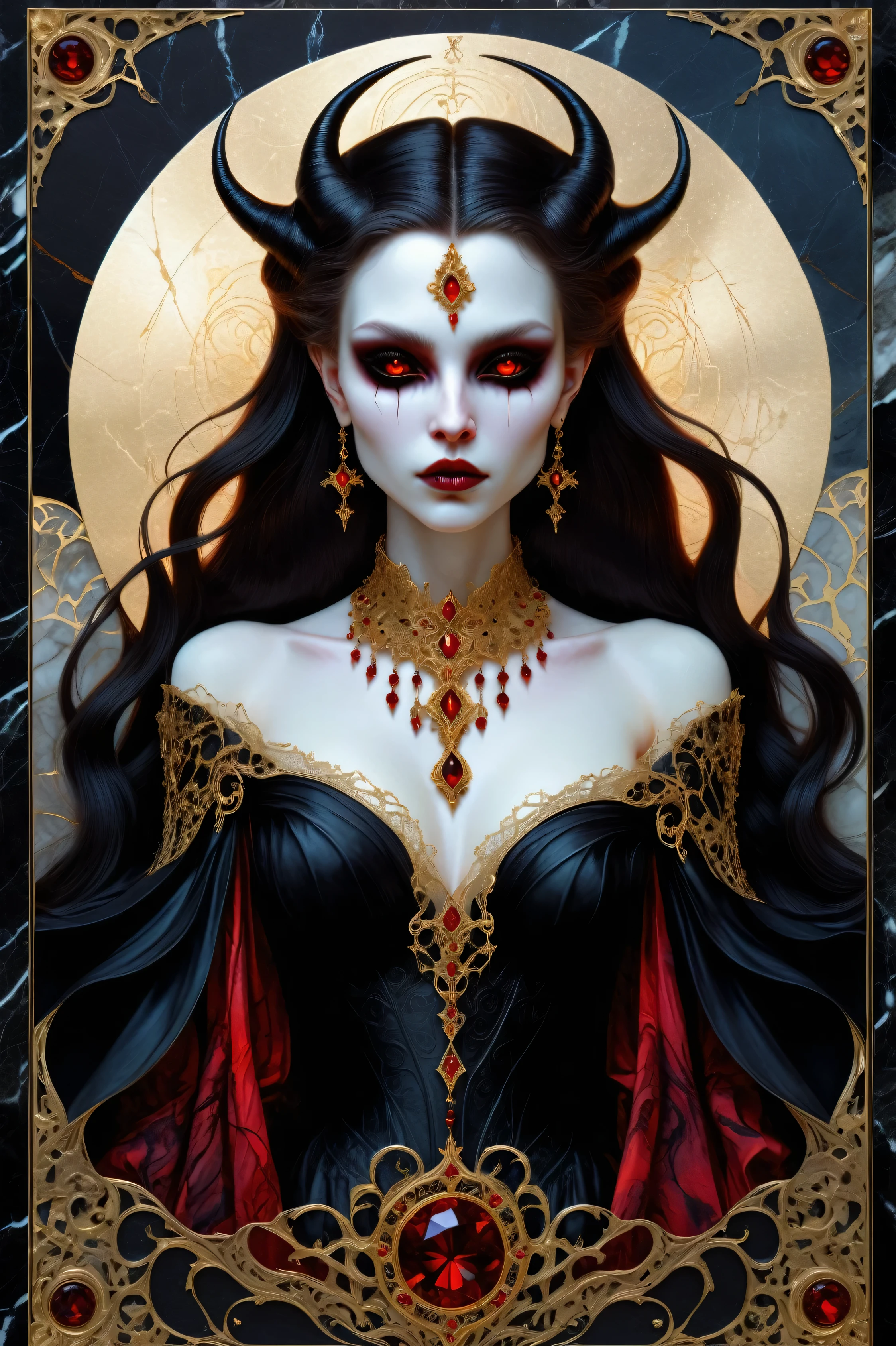 a beautiful illustration of a vampire woman with glowing eyes in an abstract marble texture with a tarot style frame, with colors of obsidian black, shiny gold, and ruby red, highly detailed, intricate design, BY Anne Bachelier,