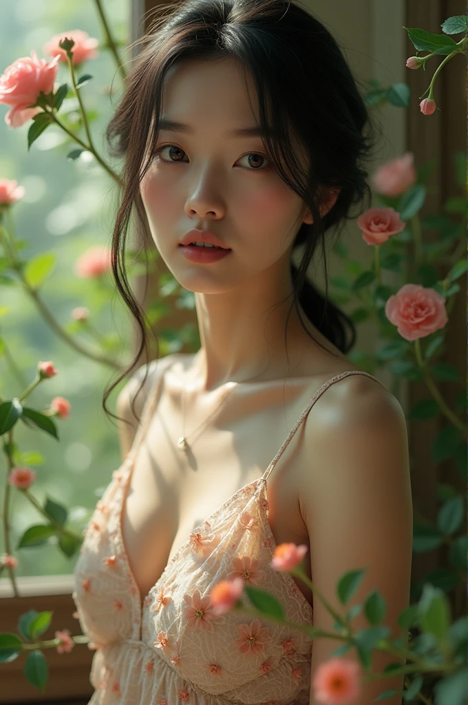 In a lush indoor garden、A Japanese woman is wearing a floral sheer top、A close-up of her breasts and soft flowers in the background、Creating harmony between nature and beauty。