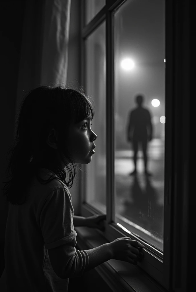 (photorealism:16.9), black and white image, of a girl looking out of her bedroom window from inside, watching a scary shadow walking on the street. Dark Inagen