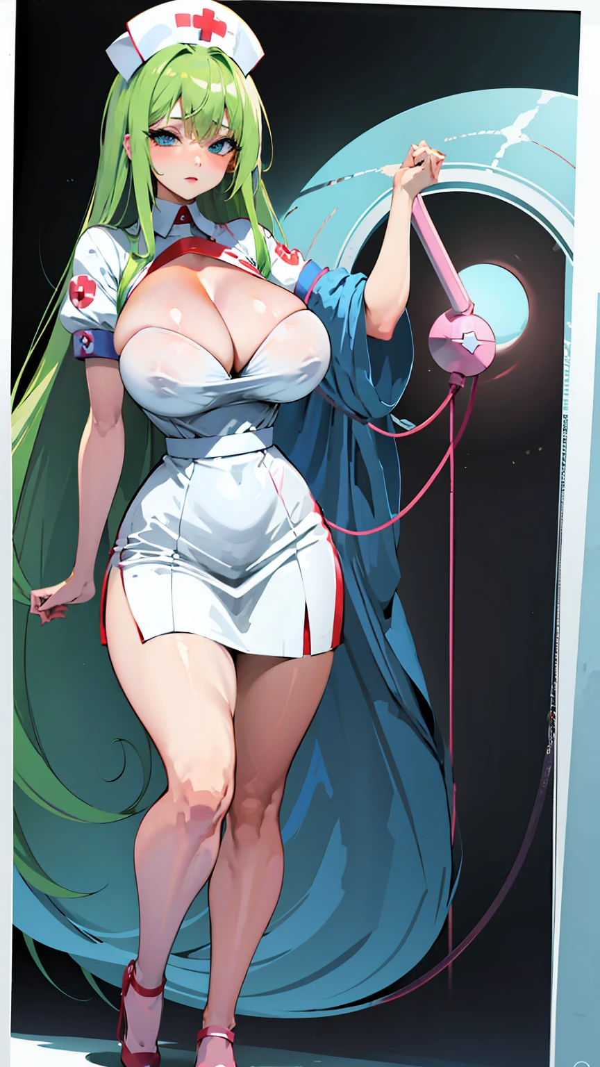 nurse outfit, large breast, big breast, cleavage, long green hair, blue eyes