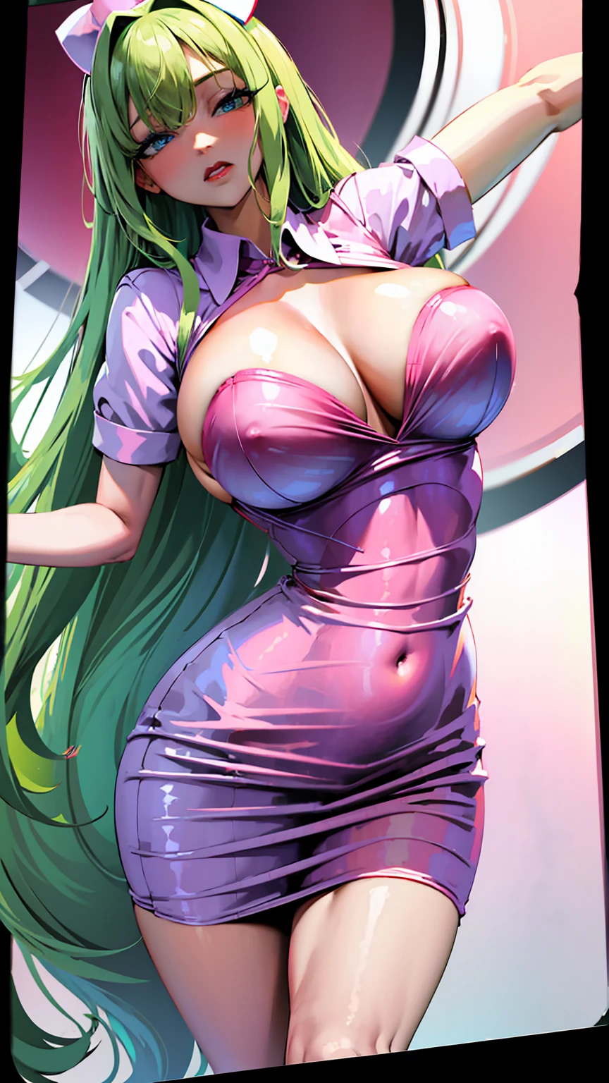 nurse outfit, large breast, big breast, cleavage, long green hair, blue eyes