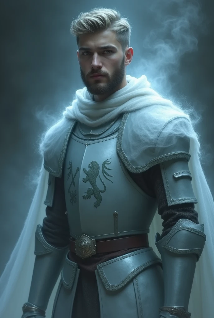 Generate a grayish blue ghost image. The ghost is a young knight with a short beard, light armor and a kind face.. On his shield and breastplate you can see the image of a lion and two magic wands.