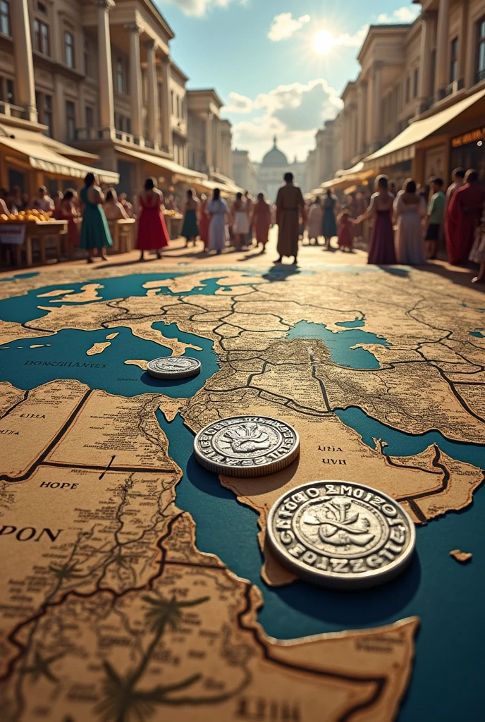 "Illustrate a scene that shows the Roman denarius as the protagonist. In the center of the image, highlight several denarius coins, with its characteristic inscriptions and emblematic figures, spread out on a map of the Roman Empire. At the bottom, represent merchants and citizens in a bustling market, exchanging goods and using denarii for transactions. The image should capture the essence of prosperity and economic stability that the denarius brings to the Empire., with classical Roman architecture and touches of daily life on the streets of Rome."