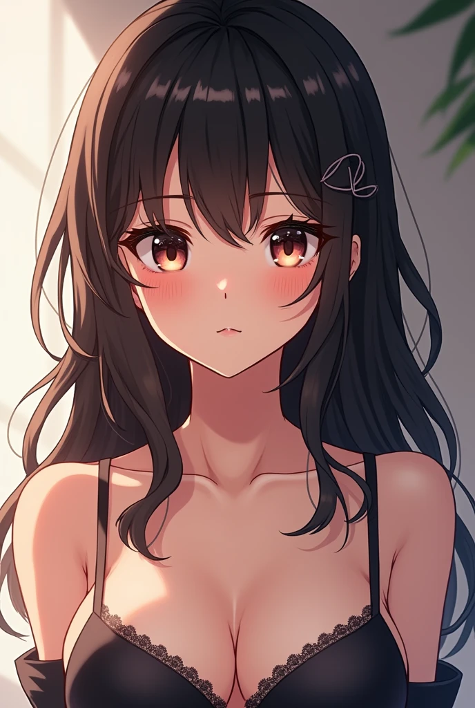 an anime woman with bangs that cover her jaw and also long semi-wavy hair, perfect waist, her height 1.50 and tired eyes and a slight blush and medium-sized breasts