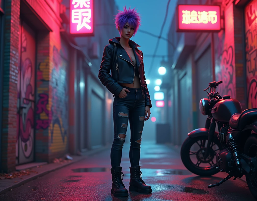 A cool girl with a confident attitude, standing in a modern urban alley at night. She's wearing a sleek black leather jacket with silver zippers, dark ripped jeans, and combat boots. Her short, spiky hair is dyed a vibrant purple, and she has bold eyeliner and a smirk on her face. The alley is illuminated by neon signs in the background, casting colorful reflections on the wet pavement. Graffiti art covers the brick walls, and a vintage motorcycle is parked nearby. The atmosphere is moody and cinematic, with a slight mist in the air, creating a sense of mystery and intrigue.