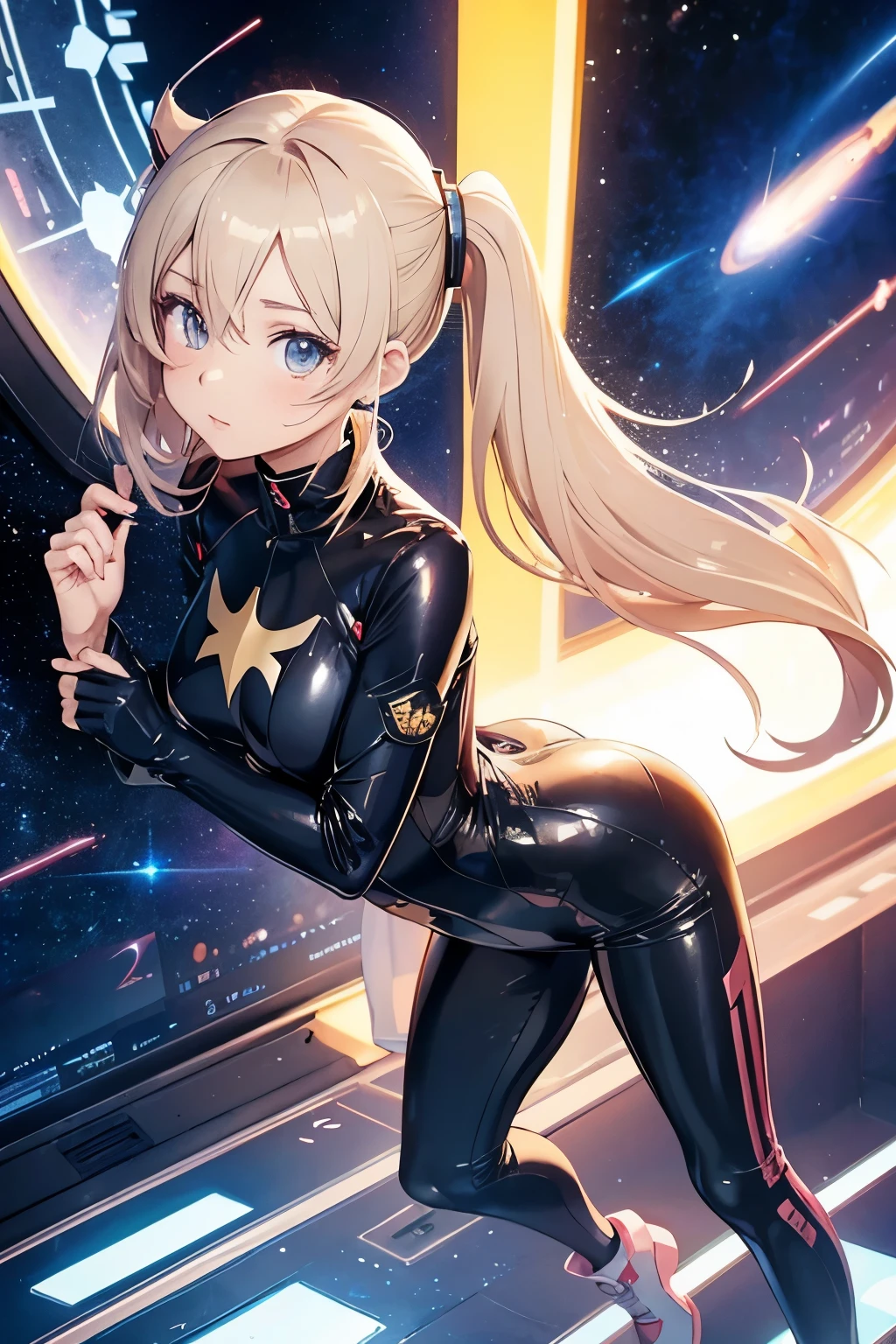 sci-fi cute blonde space cadet anime girl in space academy tight jumpsuit uniform standing pose, full body image character sheet, sexy standing pose, an anime drawing by Yuumei, trending on pixiv, realism, tight jumpsuit like catwoman , minimal belt, batgirl , bruce timm, beautiful anime space academyschool girl, full body image hyperrealistic schoolgirl, realistic schoolgirl, attractive anime girl, seductive anime girl