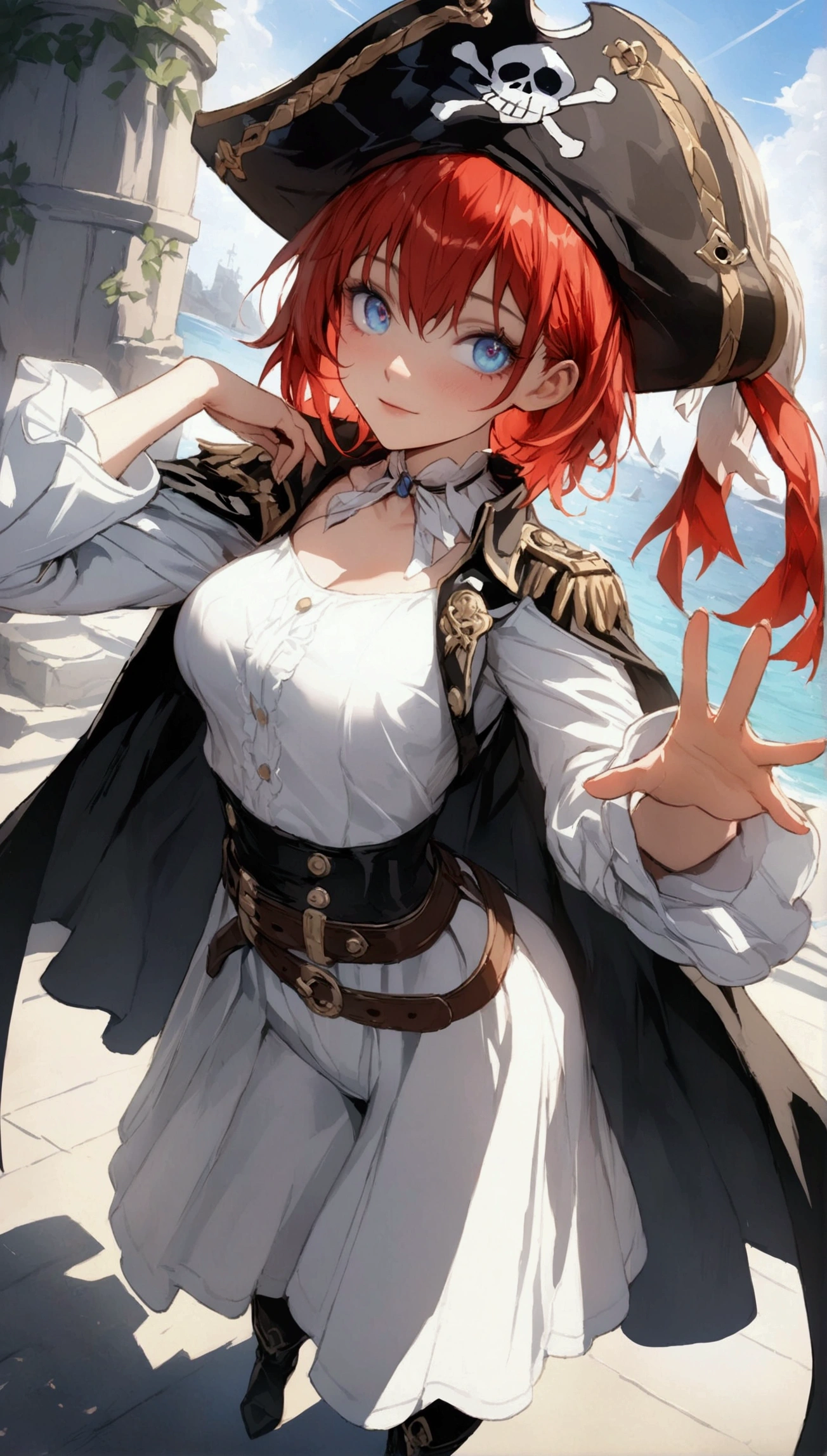 (Masterpiece. The best quality. 8K. Sharp focus. Depth of field, The best shadows. Perfect lighting. HDR. Realistic skin texture. Ultra-detailed background. Detailing). Anime style. Honkai: Star Rail. March 7. 1 girl. Fiery red hair, short hair. Azure blue eyes, beautiful eyes, beautiful eyes, expressive eyes. Beautiful nose, perfect facial features. Perfect anatomical body, slender figure, second size breasts, beautiful breasts, thin waist, rounded hips, beautiful long legs. Pirate hat, white blouse, pirate pants, Uniform cloak, shoulder straps with the Jolly Roger, knee-length boots, wide belt at the waist. Right hand. Saber. Left hand. Musket Feet shoulder-width apart. Stands at full height. Concept art. Looking at the viewer. Full height. Full body.