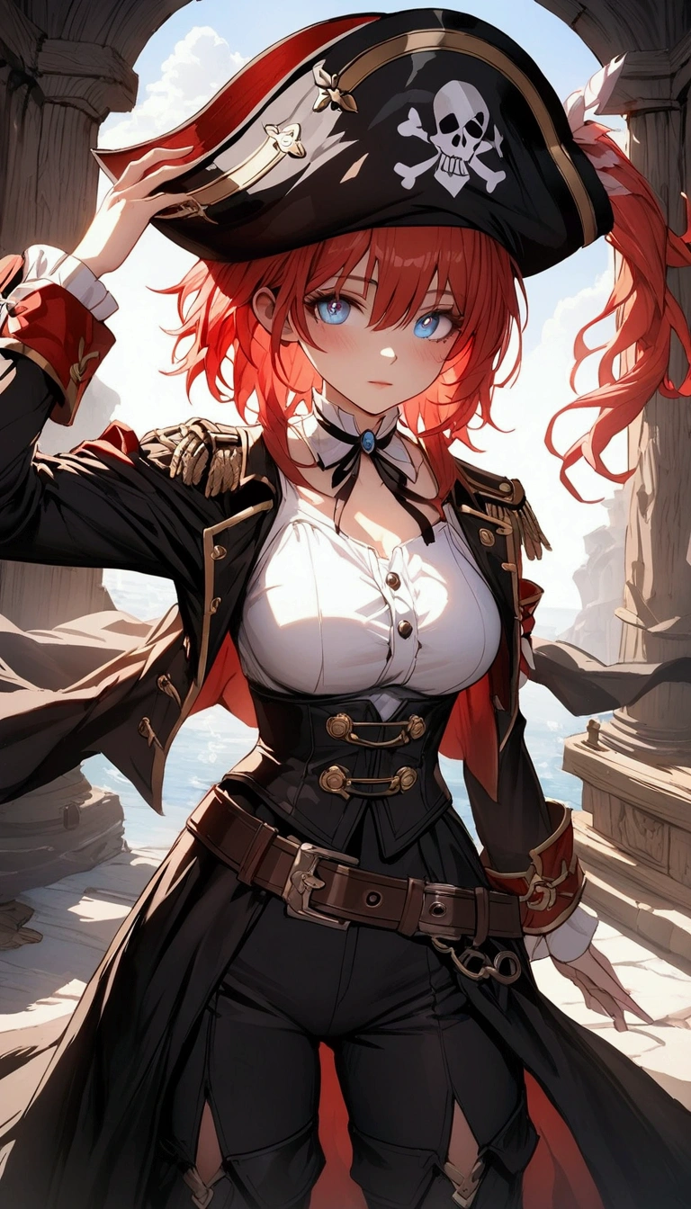 (Masterpiece. The best quality. 8K. Sharp focus. Depth of field, The best shadows. Perfect lighting. HDR. Realistic skin texture. Ultra-detailed background. Detailing). Anime style. Honkai: Star Rail. March 7. 1 girl. Fiery red hair, short hair. Azure blue eyes, beautiful eyes, beautiful eyes, expressive eyes. Beautiful nose, perfect facial features. Perfect anatomical body, slender figure, second size breasts, beautiful breasts, thin waist, rounded hips, beautiful long legs. Pirate hat, white blouse, pirate pants, Uniform cloak, shoulder straps with the Jolly Roger, knee-length boots, wide belt at the waist. Right hand. Saber. Left hand. Musket Feet shoulder-width apart. Stands at full height. Concept art. Looking at the viewer. Full height. Full body.