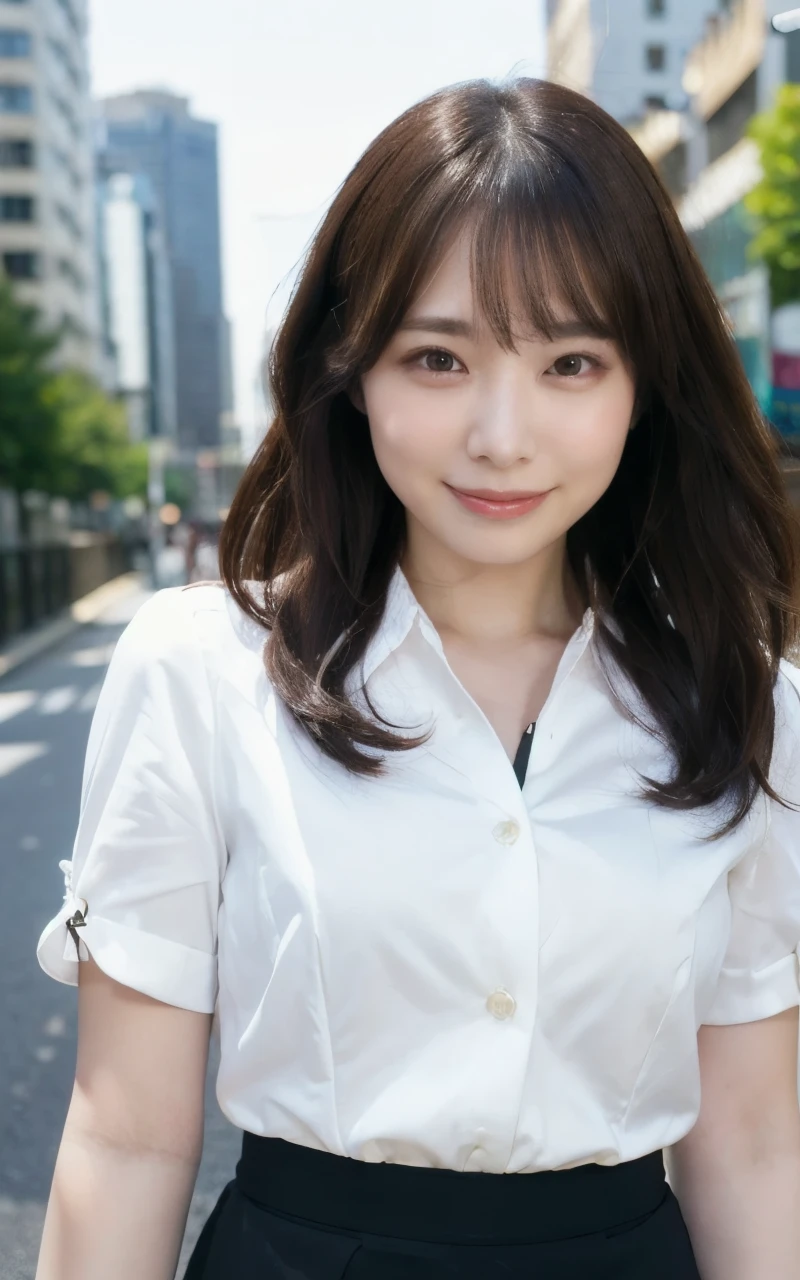 Woman in a suit, big breasts, dark brown hair color, hairstyles with bangs, hairstyles by length, (8k, RAW photo, highest quality, tabletop: 1.2) ), (realistic, realistic: 1.3) , cityscape, daytime, sunny morning, professional lighting, photon mapping, shirt, (woman in suit,) silk suit, pencil skirt, tight skirt, ((delicate photo)), (RAW photo)), (Tabletop: 1.25), (Top quality: 1.6), (High resolution: 1.5), (Real: 1.75), 8K resolution, Canon EOS R5, 50mm, Absurd, Super detailed, Cinema writing, Viewing warning: 1.1, Smile , black tight skirt, (from front: 1.9),