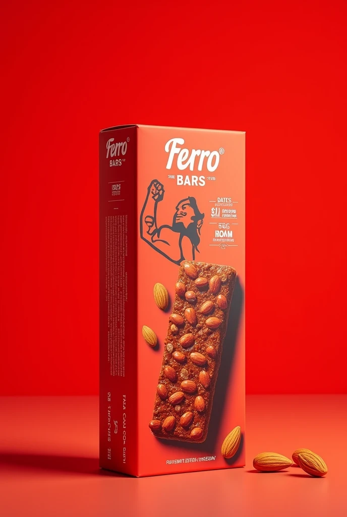 Design package for a snack that is a date bar rich in iron . Its name should be Ferro Bars . It should show that by eating it you will get strength and Iron.