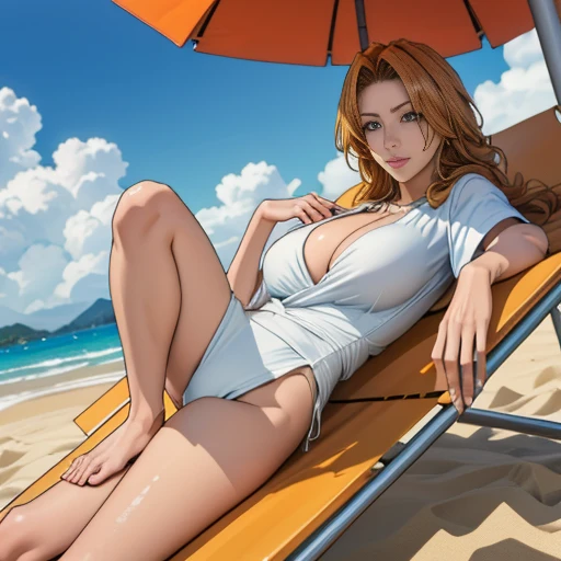 ((best quality, 8K, masterpiece:1.3, ultra-detailed, high resolution, detailed background, cinematic lighting)), Actual, Realistic, photo, HDR, detailed eyes, , perfect anatomy, BREAK, Matsumoto Rangiku, Grey Eyes, Honey Hair, Long Orange hair, , Silver Chain, wearing ( very short length white t-shirts with open chest and white ultra-low-rise bottoms), Graffiti art, huge Breasts, Cleavage, Slim waist, smile, (Oily skin, Glowing Skin, Shiny skin, Professional Lighting), (Adult beautiful woman, Random Angle, full-body, ), , (lying on her back on a Sun_lounger and posing sexy), Sweat-soaked skin, BREAK, Beach_parasol, Beach cocktails on a round table, dynamic angle, outdoor, beach