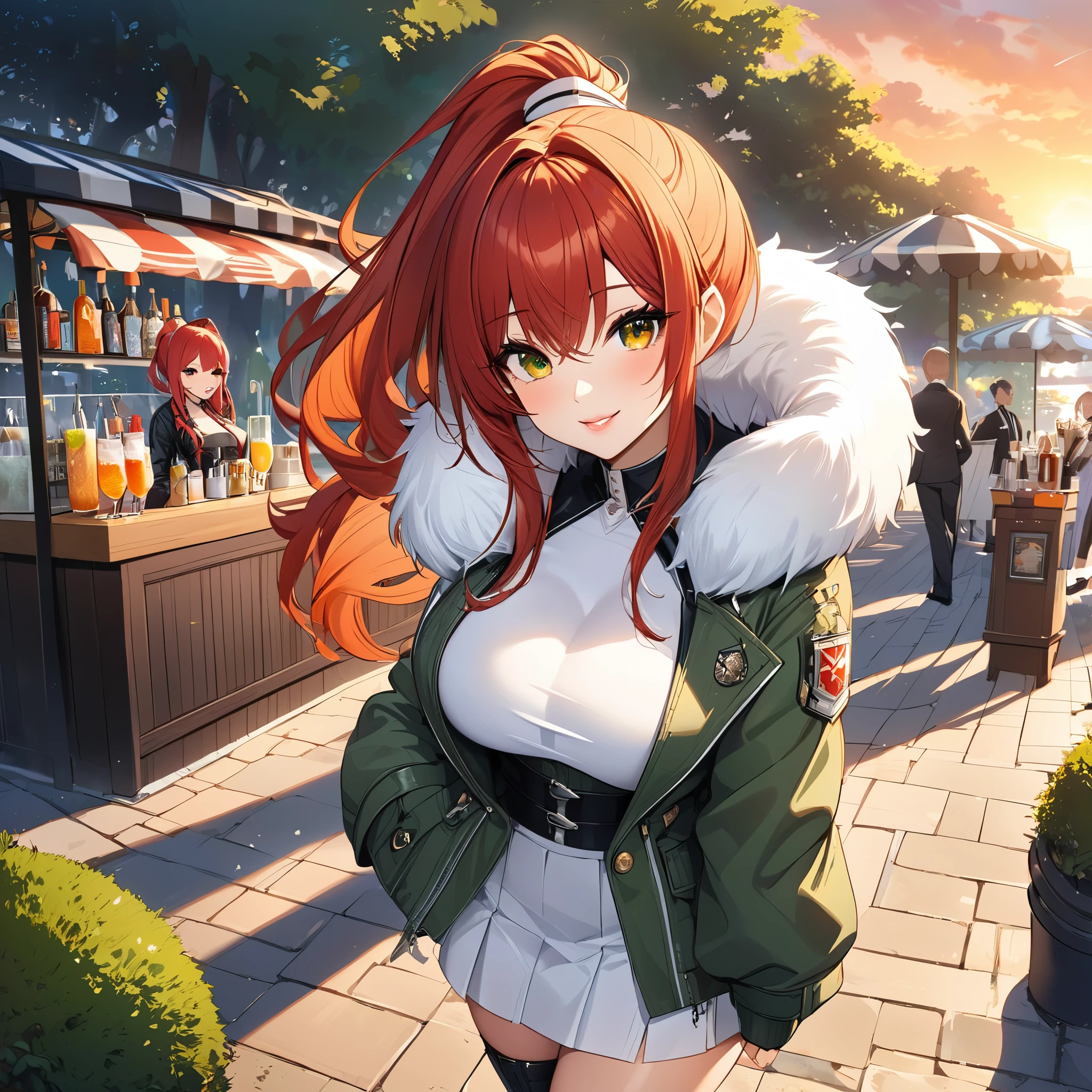 A woman wearing a cold white fur jacket, luxury jacket, white skirt, big breasts, short skirt, moss green leather boots, reddish red hair, ponytail hair, orange eyes, smiling, standing in a sidewalk near a drinks stand in a park, at the end of the sunset, wide view of the sky, smiling, perfect lips, perfect eyes, (Azur_lane, RN_Zara)