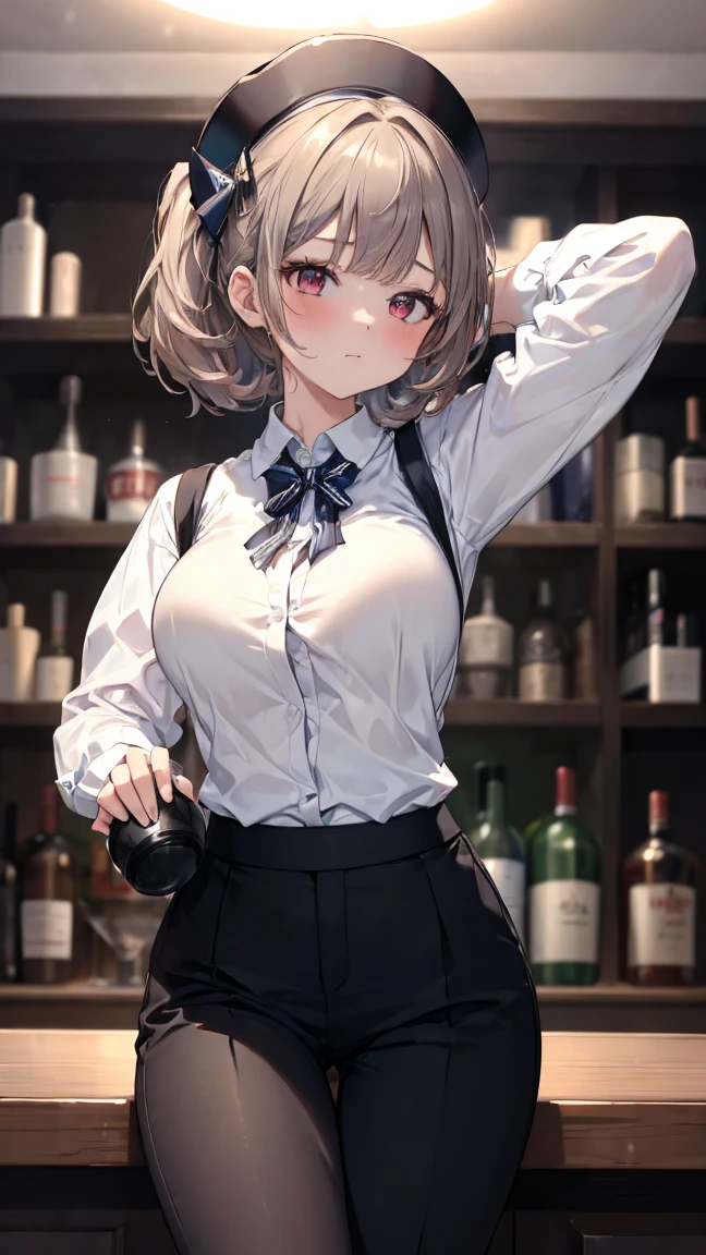 (((masterpiece,ultra detailed,absolutely resolution))),1girl,((A woman shaking a shaker with both hands)),with Blouse shirt,layer of clothes,(bartender),dress pants