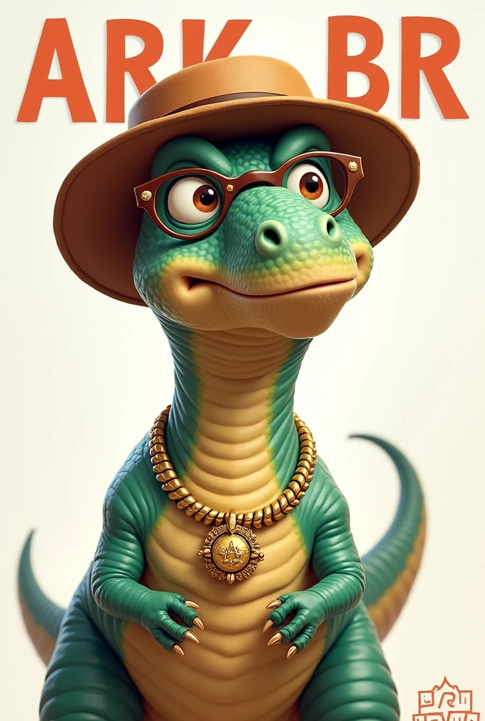 An Image Of A Dinosaur With Glasses, A Hat And A Gold Necklace With The Text Ark Br Community Written Above Its Head
