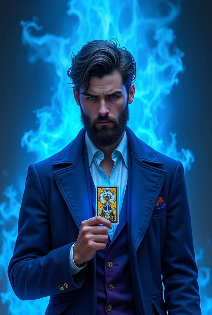 Young bearded tarot reader man, stopped, Looking forward, holding a tarot card in his right hand. He is dressed in a blue and purple suit.
There is a blue flame of fire behind him.
