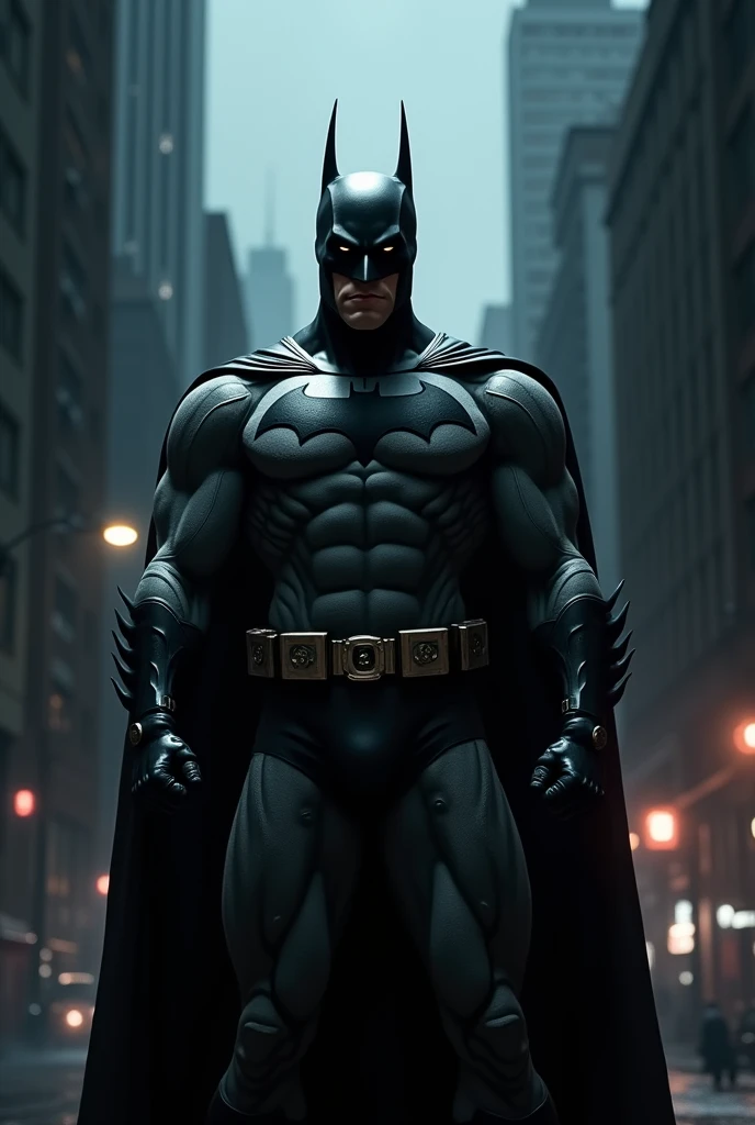 Batman standing tall in Gotham with him in the spotlight