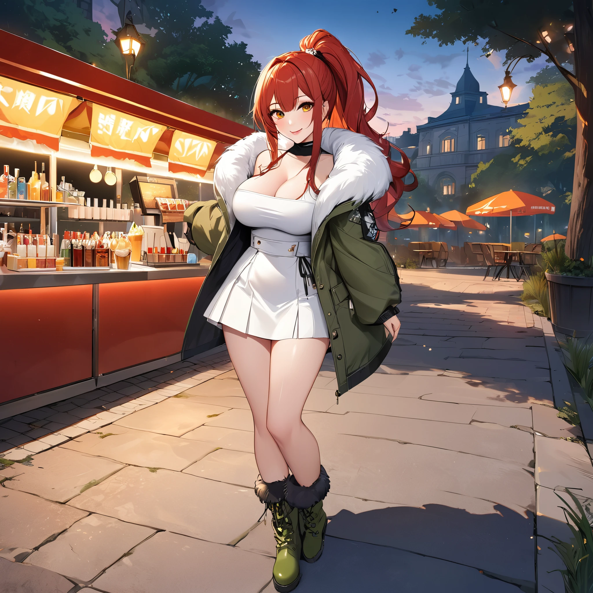 A woman wearing a cold white fur jacket, luxury jacket, white skirt, big breasts, short skirt, moss green leather boots, reddish red hair, ponytail hair, orange eyes, smiling, standing in a sidewalk near a drinks stand in a park, at the end of the sunset, wide view of the sky, smiling, perfect lips, perfect eyes, (Azur_lane, RN_Zara)
