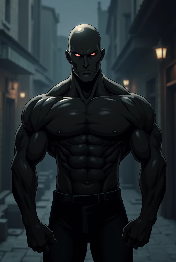 Create a black anime character, baldie, strong muscles, sexy look and no big smiles