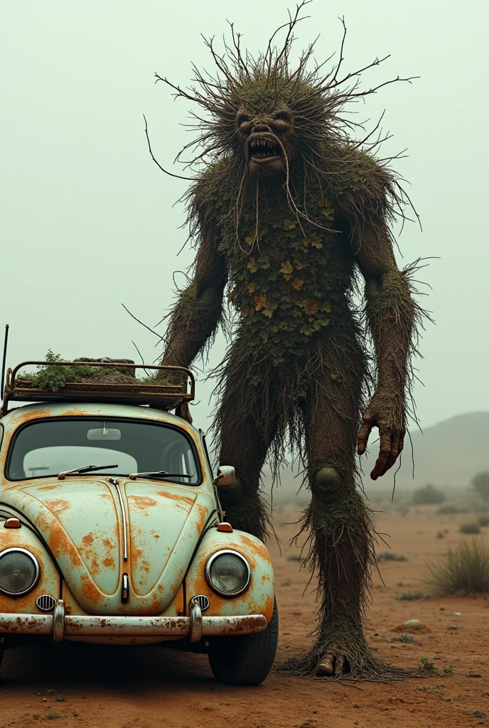 a pelznickel made with leaves and bushes next to a volkswagem fusca rathod mad max style