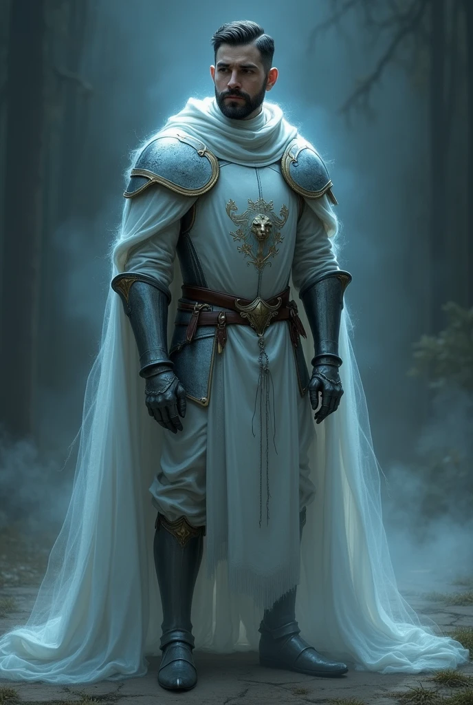 Generate a grayish blue ghost image. The ghost is a young knight, moreno, short-bearded with light armor and a kind face. On his shield and breastplate you can see the image of a lion and two magic wands.

