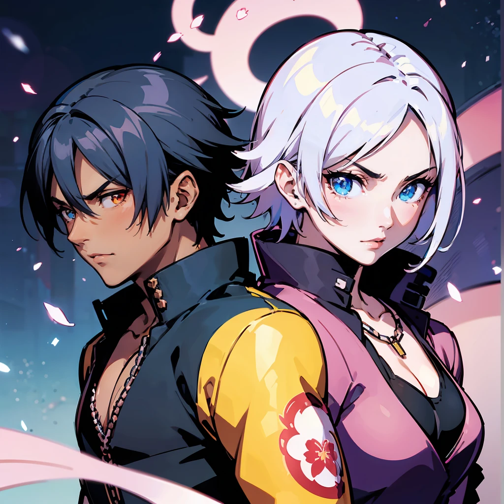 (1boy and 1girl, masterpiece, 16k ultra-fine quality) A Dark skinned young anime man, side swept silver hair, fiery light blue eyes, producing blue fire out of his fist, wearing a blue combat trench coat over a black tank top with black slacks and a chain on the hip, steel necklace with a blue dragon pendant around his neck, with sleeves rolled up to his elbows, sharing a kiss with a cheerful Dark skinned anime girl with long white rabbit ears, cherry blossoms petals  surrounding her, wearing a pink kimono with Sakura flowers printed on it, white fishnet stockings, snow white hair fading to neon pink. gorgeous tan skin, heterochromia with a pink left eye and a blue right eye. Sakura petal tattoos on her cheeks. beautiful sexy anime pose, inspired by Bian Shoumin, official illustration, shigenori soejima illustration, anime portrait of a beautiful girl, heterochromatic eyes, official art, official character illustration, sexy anime girl with mixed white and neon pink short hair, cute girl with bunny ears, official character art, highly detailed exquisite fan art, couple sexy kissing pose