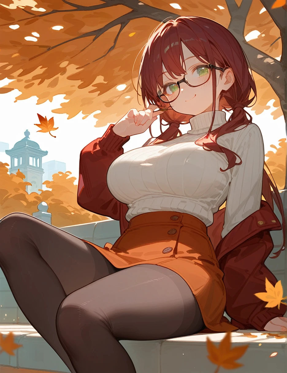 (from below:0.4), autumn, score_9_up,score_8_up, 1girl, solo, green eyes, burgundy hair, twin low tails, long hair, ((blush)), closed mouth, smile, big breast, pose, ((sitting)), (thin girl:1.2), (leaves), ((park)), glasses, turtleneck, skirt, tights
