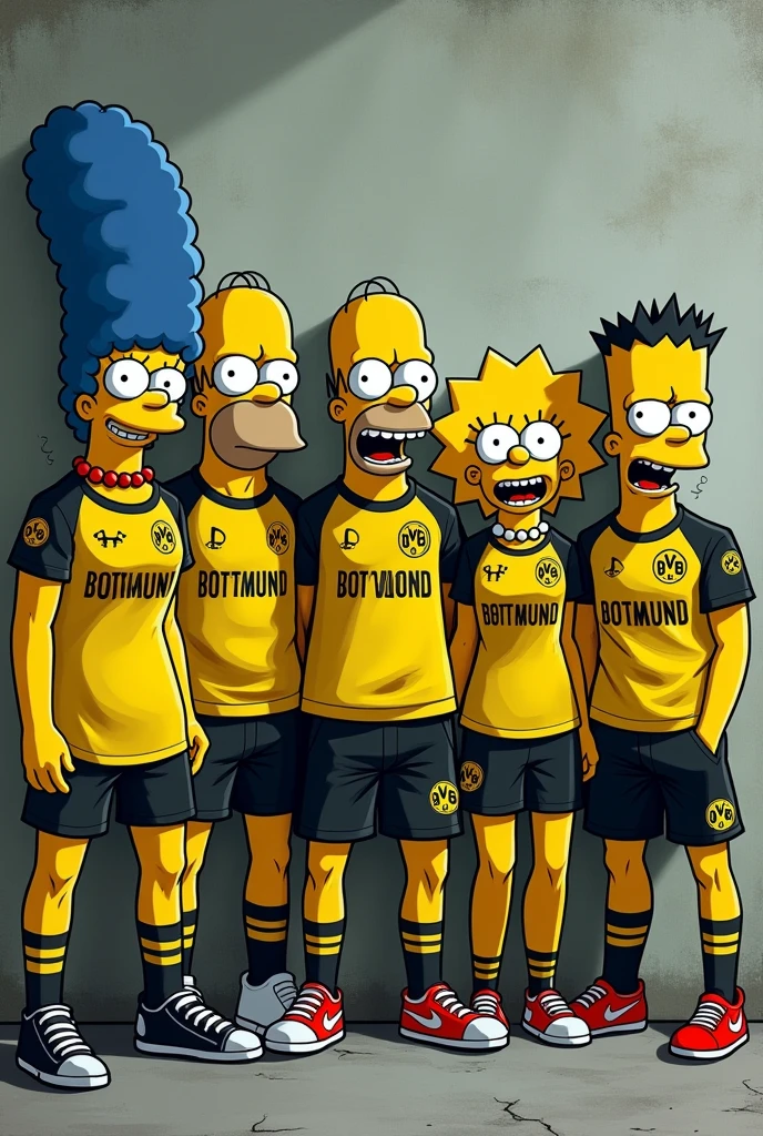 Make 5 Simpsons characters using a Borussia Dortmund shirt smoking electronic cigarettes, leaning against the wall and making them look like thugs
